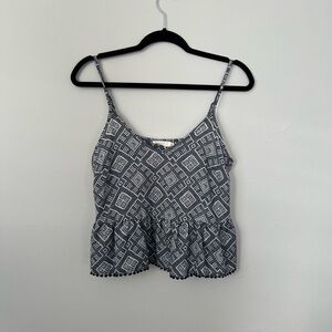 Lush Flowy/Ruffled Cropped Adjustable Printed Tank Top - Small in Blue & White